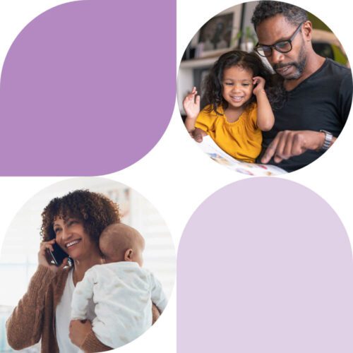 A collage of two images, one showing a woman on the phone while holding an infant, and the other showing a man read to a toddler.