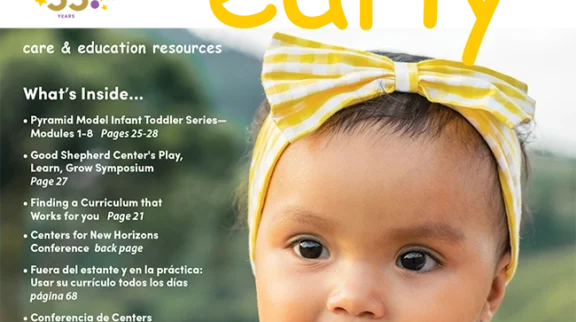 Front cover of the 2024 Spring Course Catalog with a young baby wearing a yellow headband