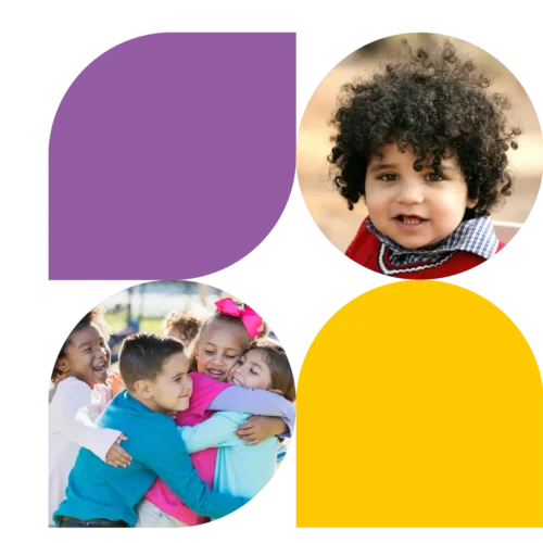 Image of black, curly-haired baby and a group of little kids laughing and hugging with purple and yellow graphics