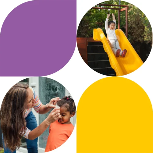 A geometric shape collage with one purple and yellow shape. One photo of a young child sliding at a playground, the other of an adult with long hair applying a band aid to a young child's forehead.