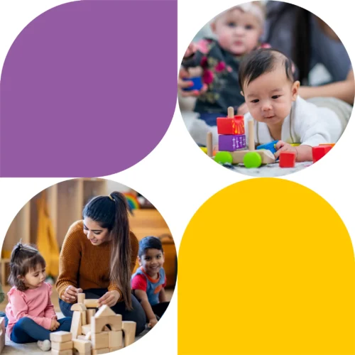 A geometric shape collage with one purple and yellow shape. Two photos of young children and a young child care provider.